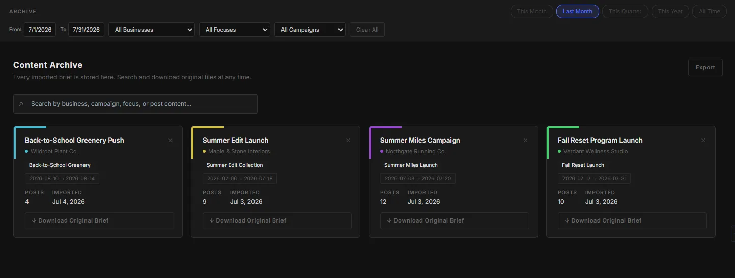 FlowBu archive showing searchable social media posting history