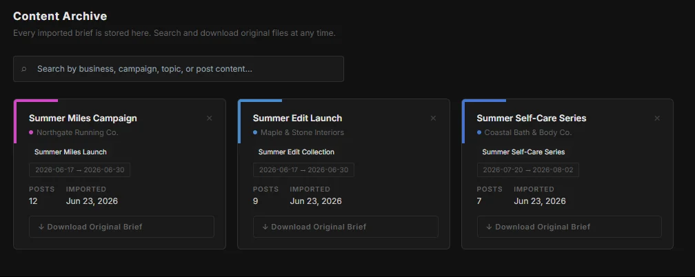 FlowBu content archive showing imported campaign briefs with business name, date range, post count, and a download button for the original file