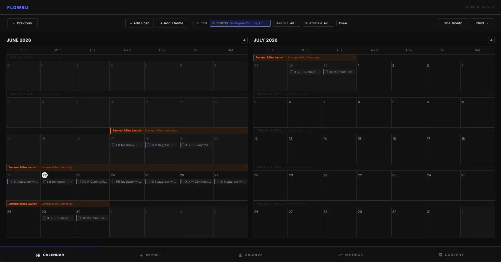 FlowBu calendar view showing a two-month content calendar with weekly themes, platform-tagged posts, and business filtering